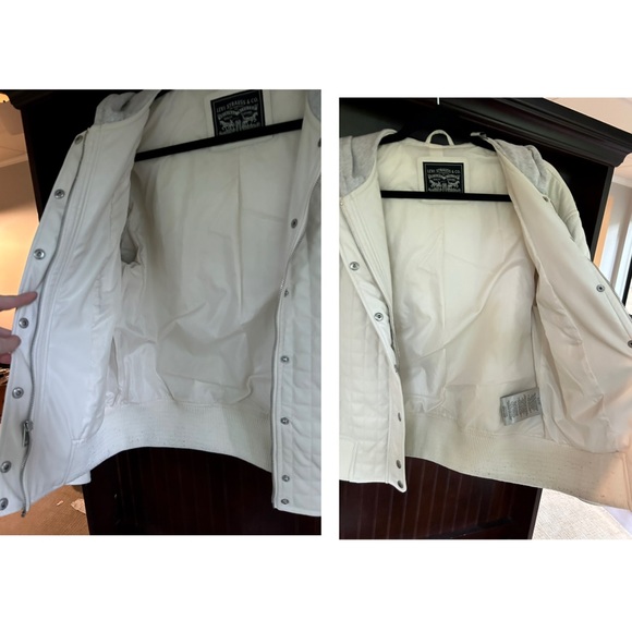 LEVI’S Faux Leather Quilted Hooded Bomber Jacket Ivory Zipper Snap Button | Sz S - Picture 10 of 14